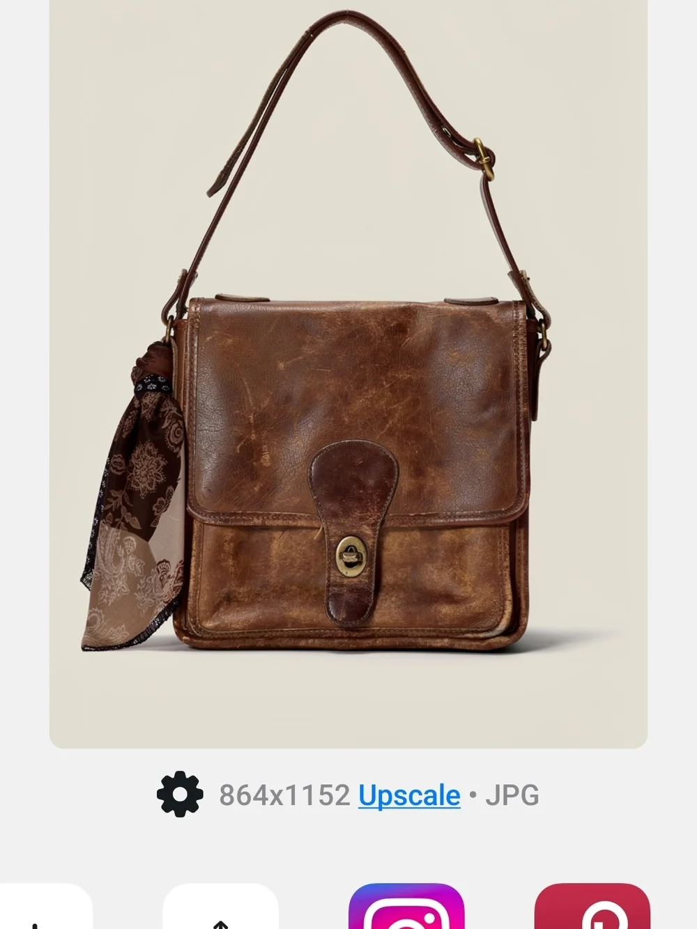Vintage Brown Leather Messenger Bag with Scarf Accent